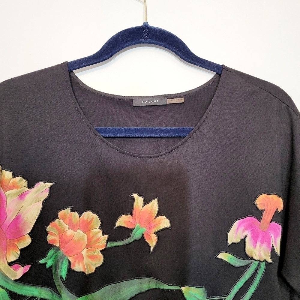 Natori Lightweight Black Ponte Floral Applique T-Shirt Dress Size Small - Picture 7 of 12